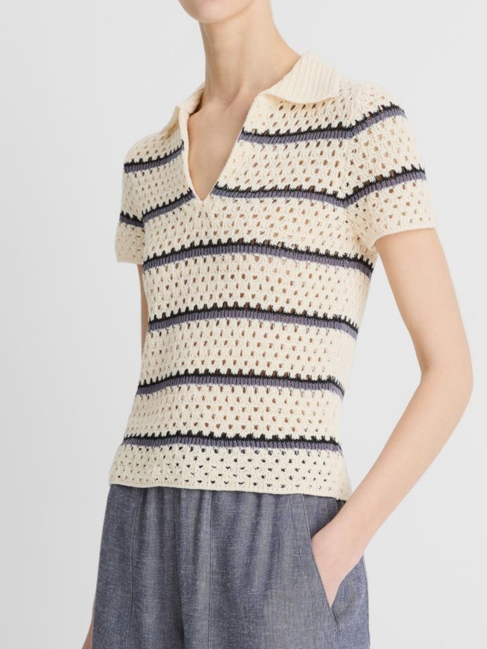 Vince Cream Open-Knit Polo Sweater with Navy Stripes